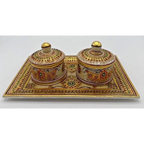 Jaipur Hand Marble & Painted Gold Handmade Bowl Tray Set For Dry Fruit Decor 9”